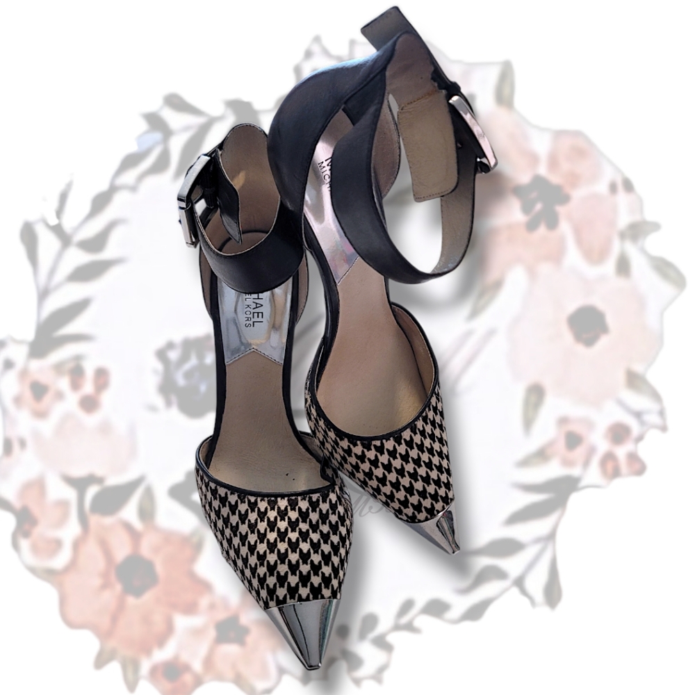 💕 Michael Kors "Wow Zady" Houndstooth Print Chrome Accent Heels size 10M - Picture 2 of 6